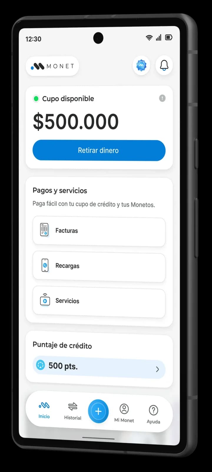 App de Monet mostrando un cupo disponible de $500.000