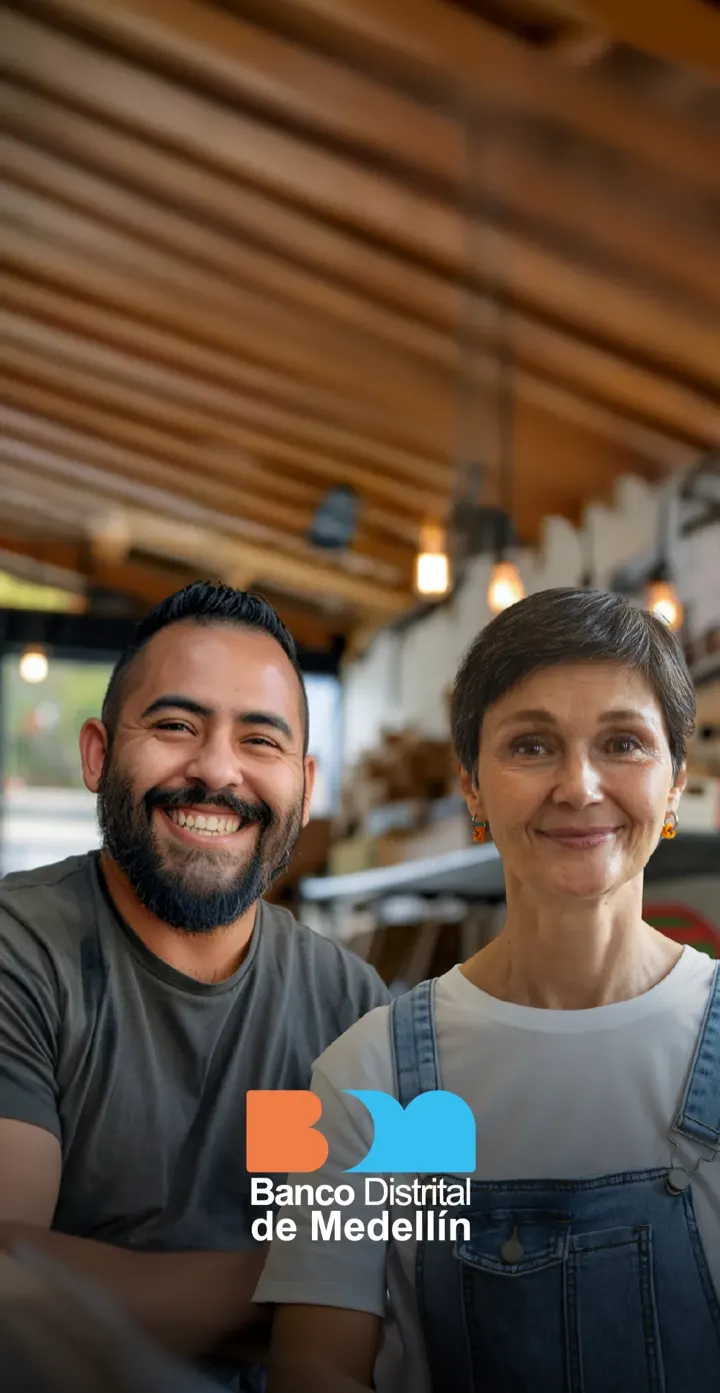 Dos emprendedores de Medellín sonriendo en su negocio, con el logo del Banco Distrital de Medellín